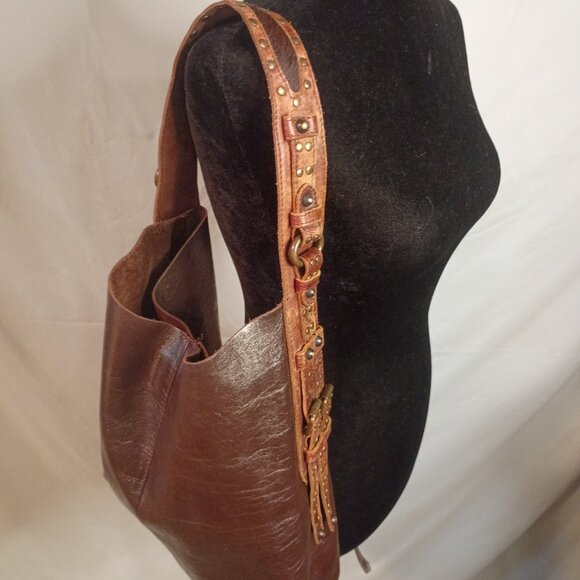 Handmade Vintage Slouchy Brown Leather Bag Made in India--Straps Buckles Studs - Picture 1 of 15